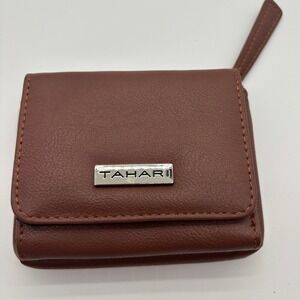 Tahari Brown Faux Leather Trifold Wallet ID Window Coin Pocket